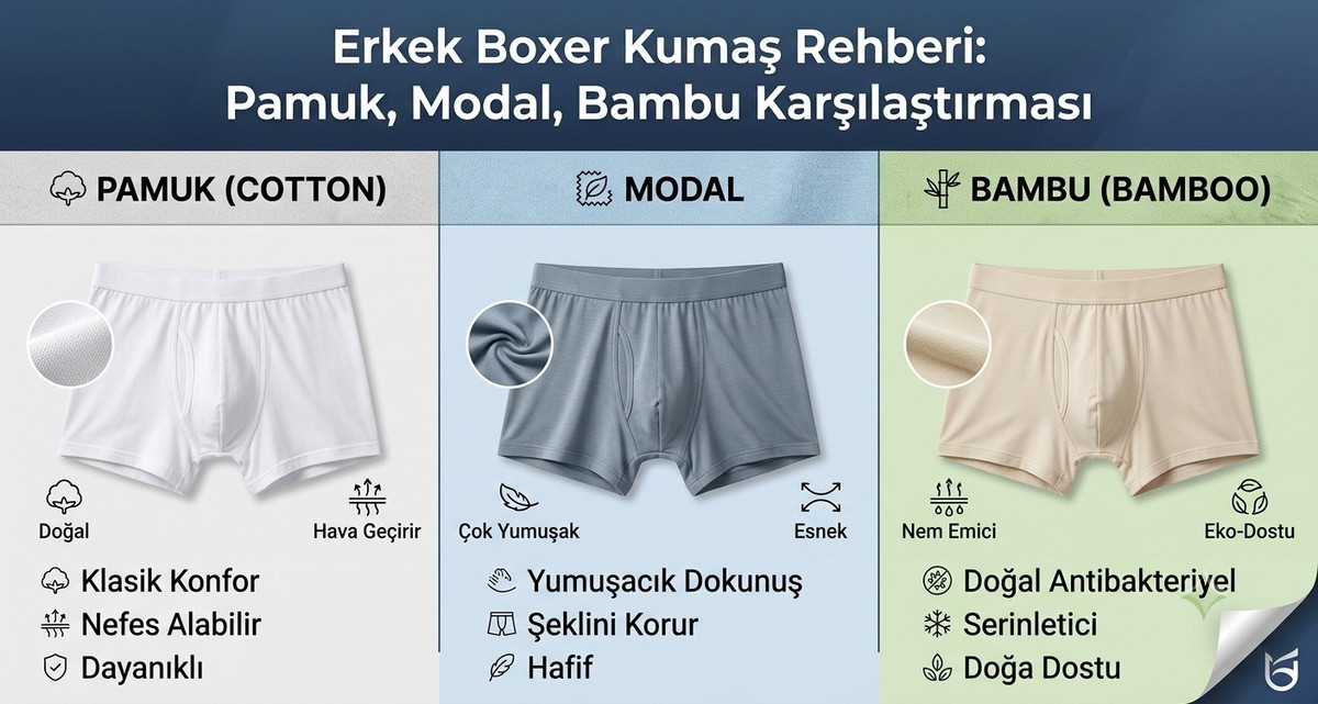 Erkek Boxer Kumaş Rehberi: Pamuk, Modal, Bambu Karşılaştırması