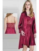 Pierre Cardin 4265 Saten Gecelik Sabahlık Takım Bordo görsel 4