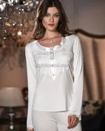 Saten 3'lü Pijama Takım Jeremi 2593 Ekru detay görünüm