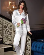 Saten Pijama Takım Jeremi 6523 Ekru detay görünüm