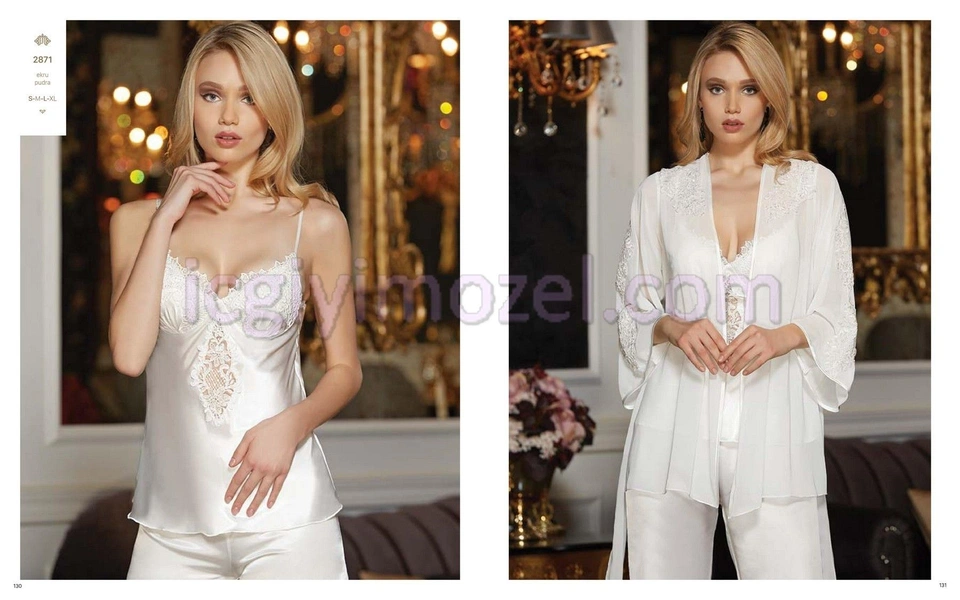 Saten Şifon Dantelli Üçlü Pijama Takım Jeremi 2871