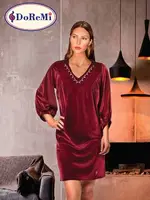 Doremi Uzun Kollu Kadife Gecelik Bordo