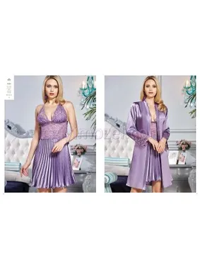 Jeremi Saten İkili Kısa Pileli Gecelik Sabahlık Takım Jeremi 2821