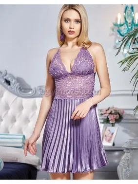 Jeremi Saten İkili Kısa Pileli Gecelik Sabahlık Takım Jeremi 2821 - Alternatif Görünüm