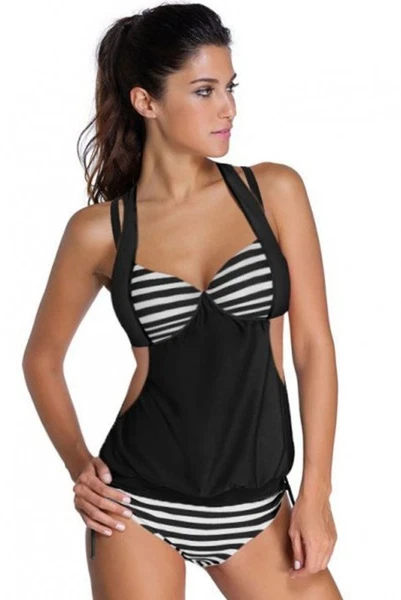Angelsin Siyah Beyaz Cizgili Kaplı Tankini Bikini Takım