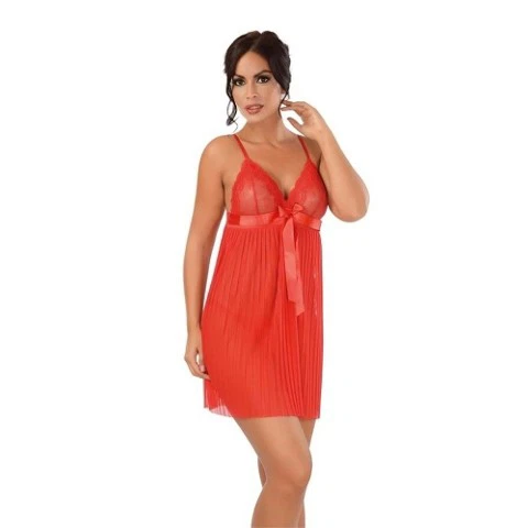 Pileli Kırmızı Gecelik String Takım NBB 3761