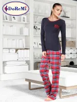 Doremi Geniş Yaka Ekose Bayan Pijama Takımı Lacivert görsel 6
