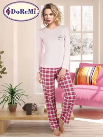 DOREMI Pudra Ekose DoReMi Uzun Kollu Pijama Takımı