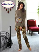 DoRemi Leopar Desenli Kışlık Pijama Takımı Haki