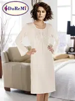 Geniş Yaka Uzun Kol DoReMi Bayan Gecelik Ekru