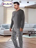 V Yaka DoReMi Erkek Pijama Takımı Füme
