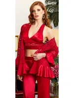 3'lü Dantel Saten Büstiyerli Pijama Takım Jeremi 3169 Bordo