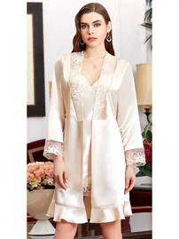 Jeremi 6'lı Saten Dantelli Gecelik Sabahlık Takımları Seti Jeremi 1055