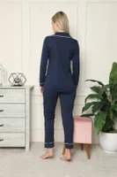 Akbeniz Kadın %100 Pamuk Penye Önden Düğmeli Uzun Kol Pijama Takım 2713 Lacivert detay görünüm
