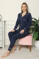 Akbeniz Kadın %100 Pamuk Penye Önden Düğmeli Uzun Kol Pijama Takım 2713 Lacivert farklı açı