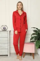 Akbeniz Kadın %100 Pamuk Penye Önden Düğmeli Uzun Kol Pijama Takım 2714 Kırmızı