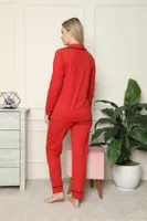 Akbeniz Kadın %100 Pamuk Penye Önden Düğmeli Uzun Kol Pijama Takım 2714 Kırmızı detay görünüm