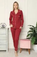 Akbeniz Kadın %100 Pamuk Penye Önden Düğmeli Uzun Kol Pijama Takım 2716 Bordo