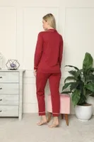 Akbeniz Kadın %100 Pamuk Penye Önden Düğmeli Uzun Kol Pijama Takım 2716 Bordo detay görünüm