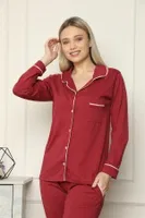 Akbeniz Kadın %100 Pamuk Penye Önden Düğmeli Uzun Kol Pijama Takım 2716 Bordo farklı açı