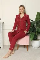 Akbeniz Kadın %100 Pamuk Penye Önden Düğmeli Uzun Kol Pijama Takım 2716 Bordo görsel 4
