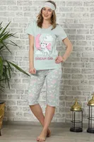 Akbeniz Kadın Su Yeşili Pamuklu Cepli Kapri Pijama Takım 3505 Beyaz