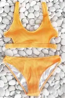 Angelsin Özel Kumaş Şık Bikini Takım Sarı Sarı detay görünüm
