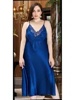 Büyük Beden 2'Li Uzun Saten Dantelli Gecelik Sabahlık Takım Jeremi 3250 Lacivert