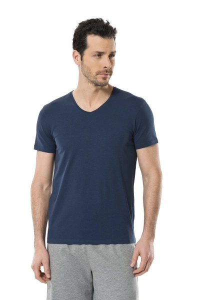 Cacharel Erkek Likralı V Yaka T-shirt 1332/İNDİGO