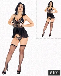 Elawin Elawin Lateks Dantelli Babydoll String Çorap Set 5190