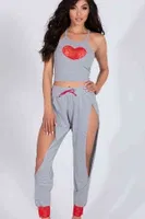 Merry See Özel Tasarım Dantel Kalp Tasarımlı Pijama Takım Gri Gri görsel 6