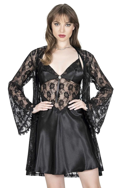 Mite Love Kadın Gecelik Sabahlık Dantelli Saten Siyah Takım ML-9749