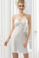 Kadın Saten Sırt Dekolteli Dantel Detaylı Kısa Gecelik NBB 3223 Ekru görsel 7