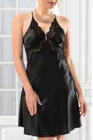 Kadın Saten Sırt Dekolteli Dantel Detaylı Kısa Gecelik NBB 3223 Siyah görsel 4