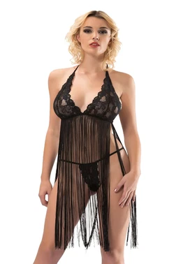 Sistina Şifon Siyah Dantelli Erotik Gecelik Sistina S-225