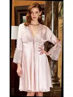 2'li Kısa Dantel Saten Gecelik Sabahlık Takım Jeremi 3126 Pudra