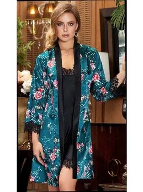 Jeremi 2'li Kısa Dantelli Saten Gecelik Sabahlık Takım Jeremi 3077