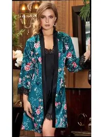 Jeremi 2'li Kısa Dantelli Saten Gecelik Sabahlık Takım Jeremi 3077