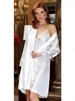 2'li Kısa Dantelli Saten Gecelik Sabahlık Takım Jeremi 3165 Krem