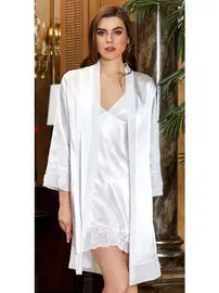 Jeremi 2'li Kısa Saten Dantel Gecelik Sabahlık Takım Jeremi 3136