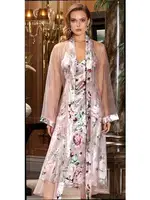 2'li Saten Desenli Uzun Gecelik Sabahlık Takım Jeremi 3052 Pudra detay görünüm