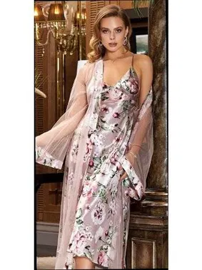 Jeremi 2'li Saten Desenli Uzun Gecelik Sabahlık Takım Jeremi 3052