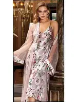 2'li Saten Desenli Uzun Gecelik Sabahlık Takım Jeremi 3052 Pudra