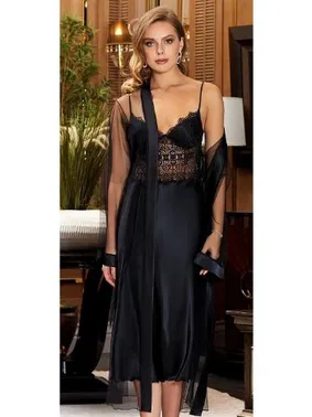 Jeremi 2'li Uzun Dantelli Saten Gecelik Sabahlık Takım Jeremi 3227