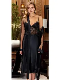 Jeremi 2'li Uzun Dantelli Saten Gecelik Sabahlık Takım Jeremi 3227