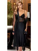 2'li Uzun Dantelli Saten Gecelik Sabahlık Takım Jeremi 3227 Siyah