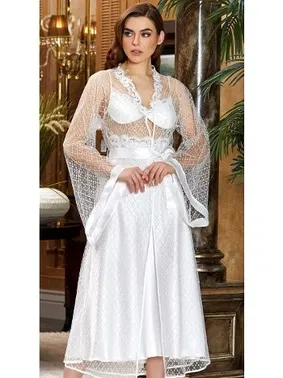 Jeremi 2'li Uzun Saten Güpürlü Gecelik Sabahlık Takım Jeremi 3047