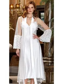 Jeremi 2'li Uzun Saten Tül Gecelik Sabahlık Takım Jeremi 3144