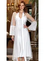 2'li Uzun Saten Tül Gecelik Sabahlık Takım Jeremi 3144 Krem