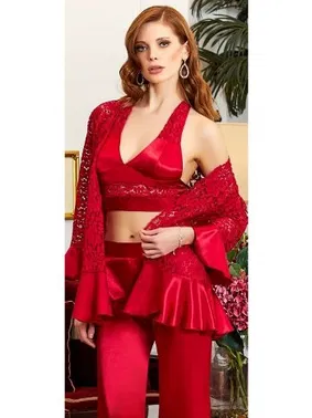 Jeremi 3'lü Dantel Saten Büstiyerli Pijama Takım Jeremi 3169